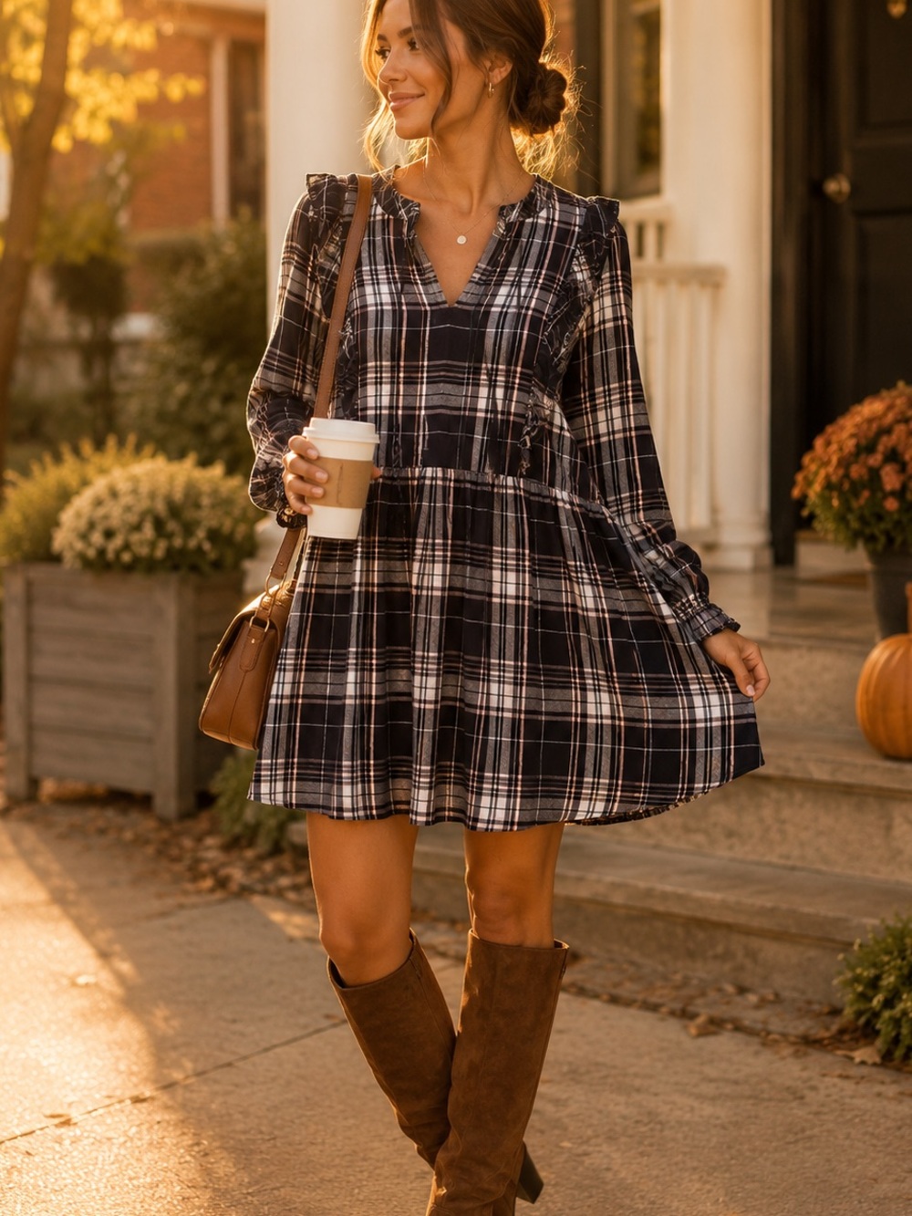 Loft Navy Plaid Long-Sleeve Tunic Top